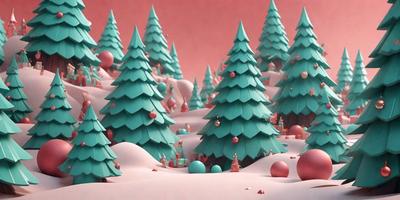 The primary subject of the image is a group of green Christmas trees. The setting is a snowy landscape, with the trees surrounded by a pink and white snowy environment. The visual style is a digital art or illustration, creating a festive and holiday atmosphere. The dominant colors are green, pink, and white, with the trees being the main focus of the image.